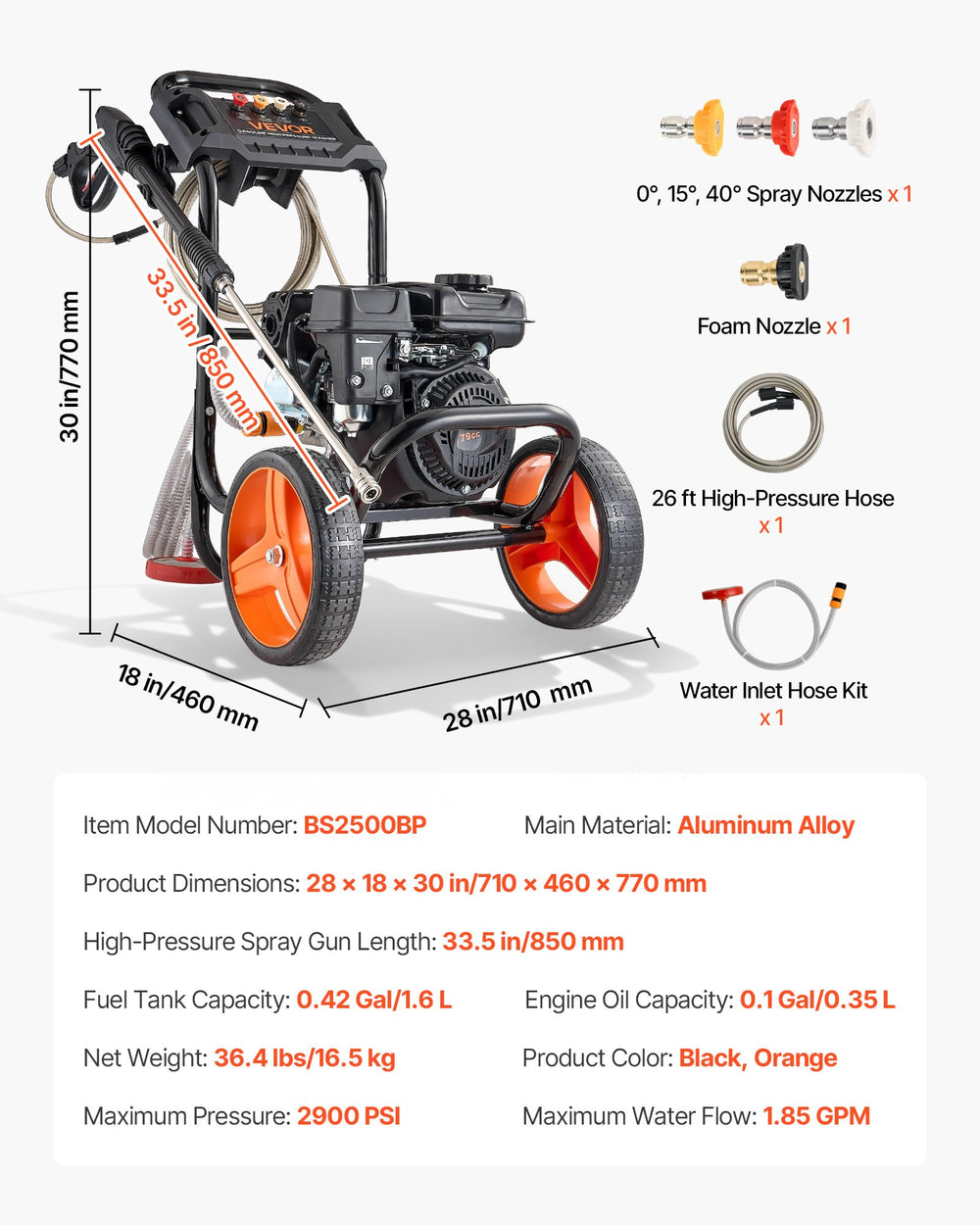 VEVOR Gas Pressure Washer 2900 PSI and 1.85 Max GPM, Upgrade Aluminum Pump with Spray Gun and Wand, 4 Nozzle Set, Low Profile Power Washer for Cars, Fences, Driveways, Homes, Patios, Furniture