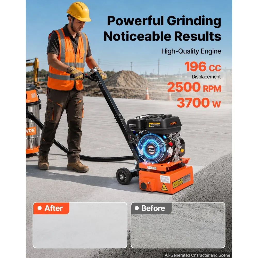 VEVOR Concrete Scarifier, 3700W 2500 RPM Walk-Behind Floor Planer Grinder, Carbide Cutters, 1/8 in Adjustable Depth, Vacuum Port for Surface Preparation, Traffic Line Removal, Pavement, Floor Repair