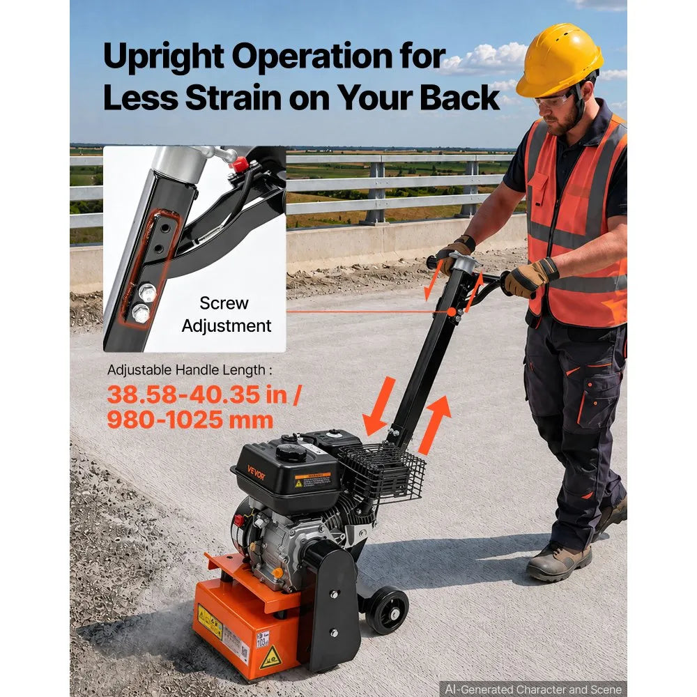 VEVOR Concrete Scarifier, 3700W 2500 RPM Walk-Behind Floor Planer Grinder, Carbide Cutters, 1/8 in Adjustable Depth, Vacuum Port for Surface Preparation, Traffic Line Removal, Pavement, Floor Repair