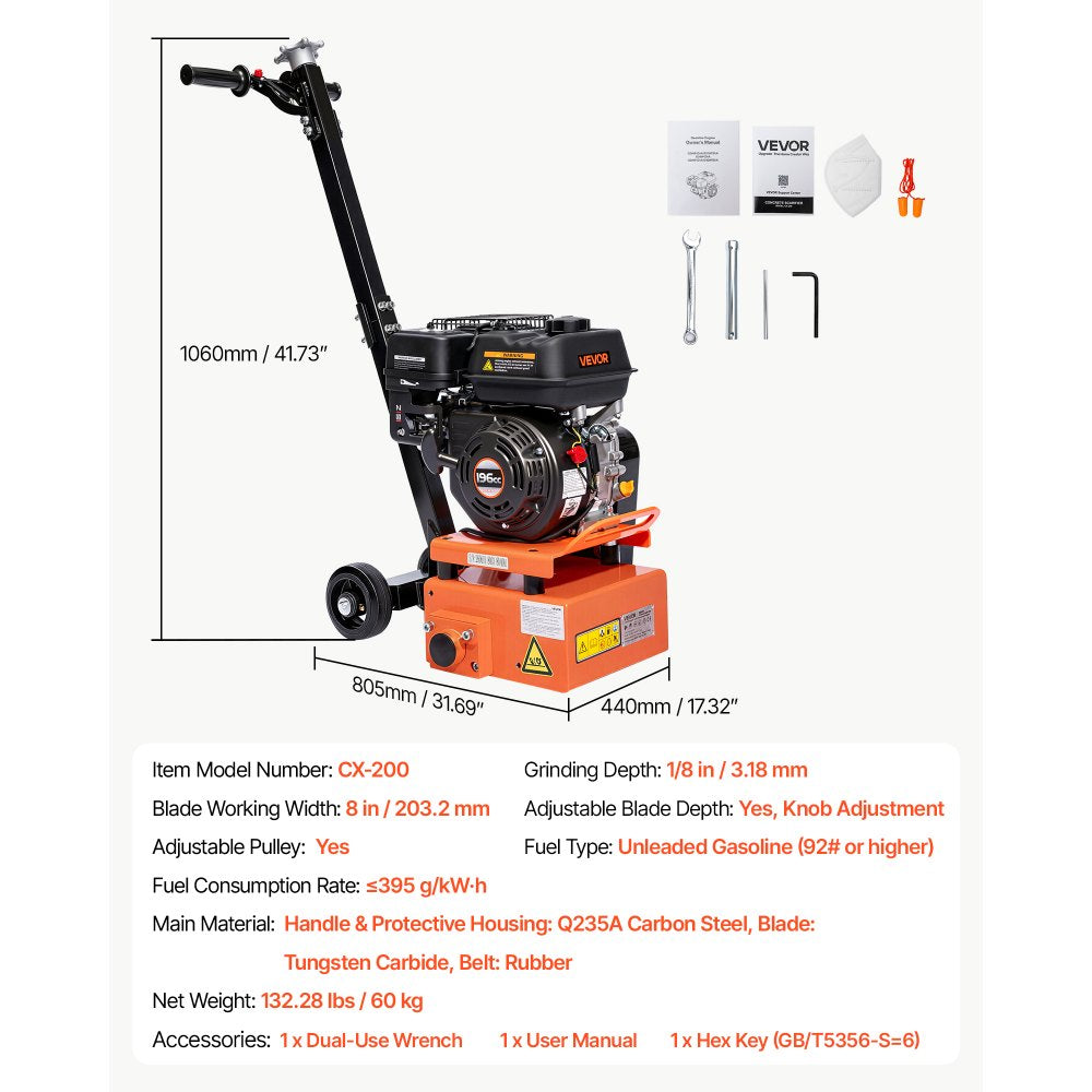 VEVOR Concrete Scarifier, 3700W 2500 RPM Walk-Behind Floor Planer Grinder, Carbide Cutters, 1/8 in Adjustable Depth, Vacuum Port for Surface Preparation, Traffic Line Removal, Pavement, Floor Repair