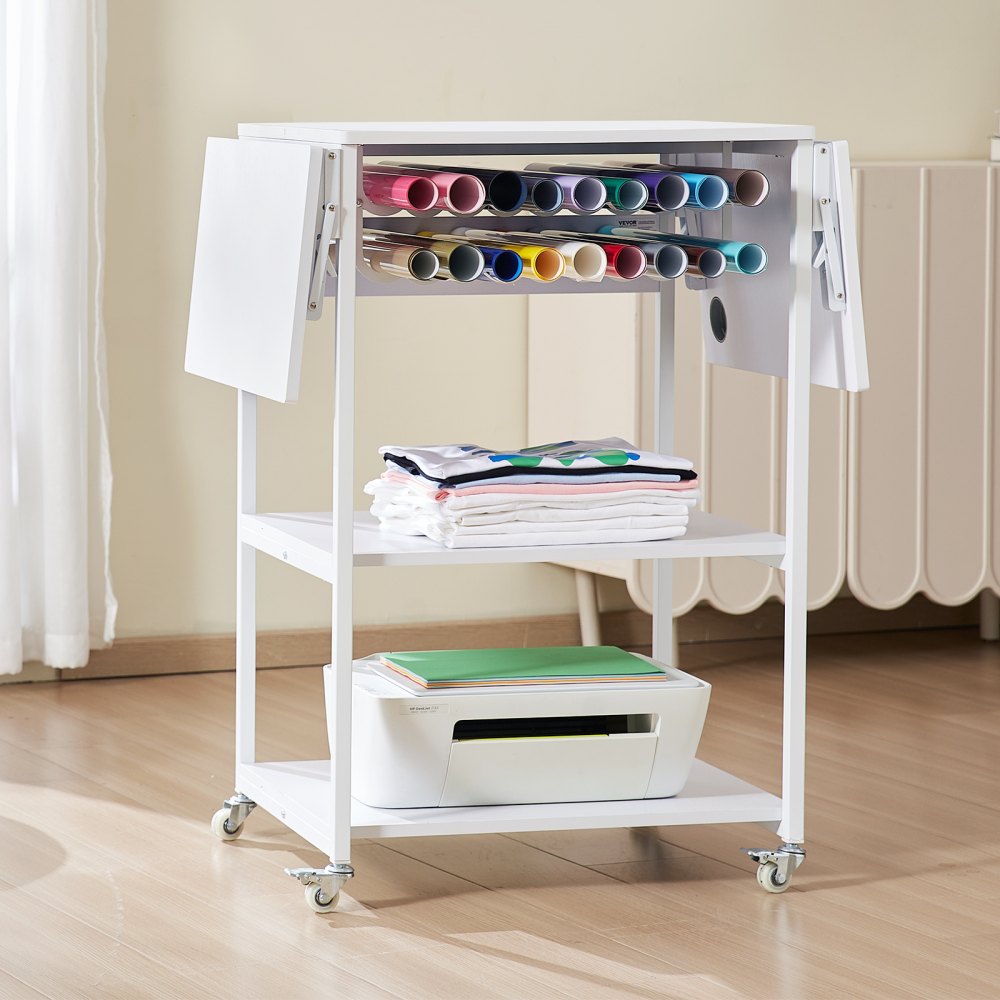 VEVOR Heat Press Table, 3 Tier Movable Heat Press Stand, Foldable Heat Transfer Machine Stand with Wheels and Vinyl Roll Holder, Rolling Metal Workbench for Sublimation Transfer Machine, White