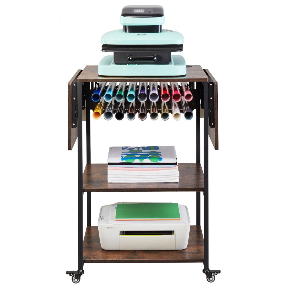 VEVOR Heat Press Table, 3 Tier Movable Heat Press Stand, Foldable Heat Transfer Machine Stand with Wheels and Vinyl Roll Holder, Rolling Metal Workbench for Sublimation Transfer Machine, Brown