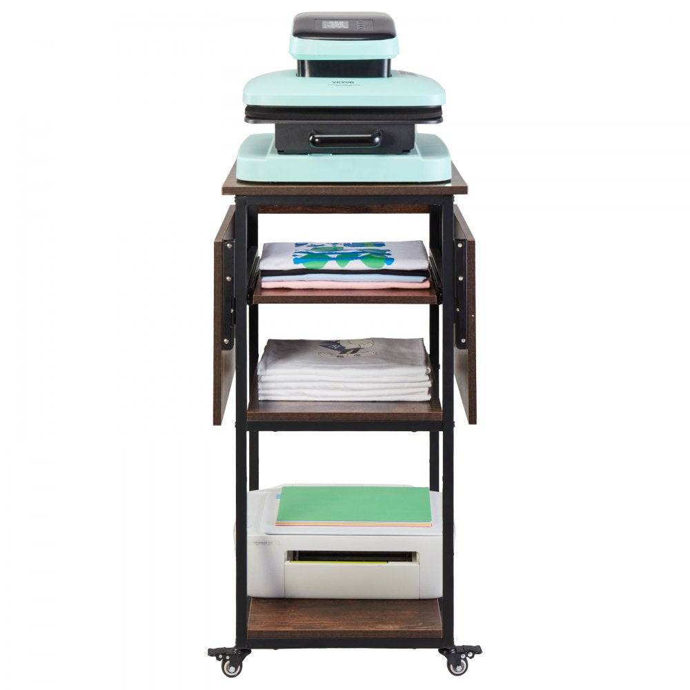 VEVOR Heat Press Table with Charging Station, 4 Tier Movable Heat Press Stand, Foldable Heat Transfer Machine Stand with Wheels, Rolling Metal Workbench for Sublimation Transfer Machine, Brown