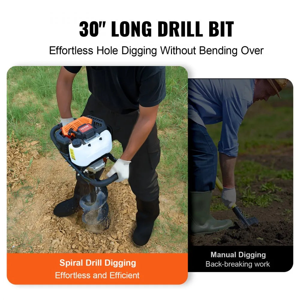 VEVOR Post Hole Digger Gas Powered, 52CC 1450W Earth Auger, Gas Auger with 8” Auger Drill Action Design Bits & 1 Extension Rod, Post Fence Hole Digger for Farmland Garden Plant, Orange+Black