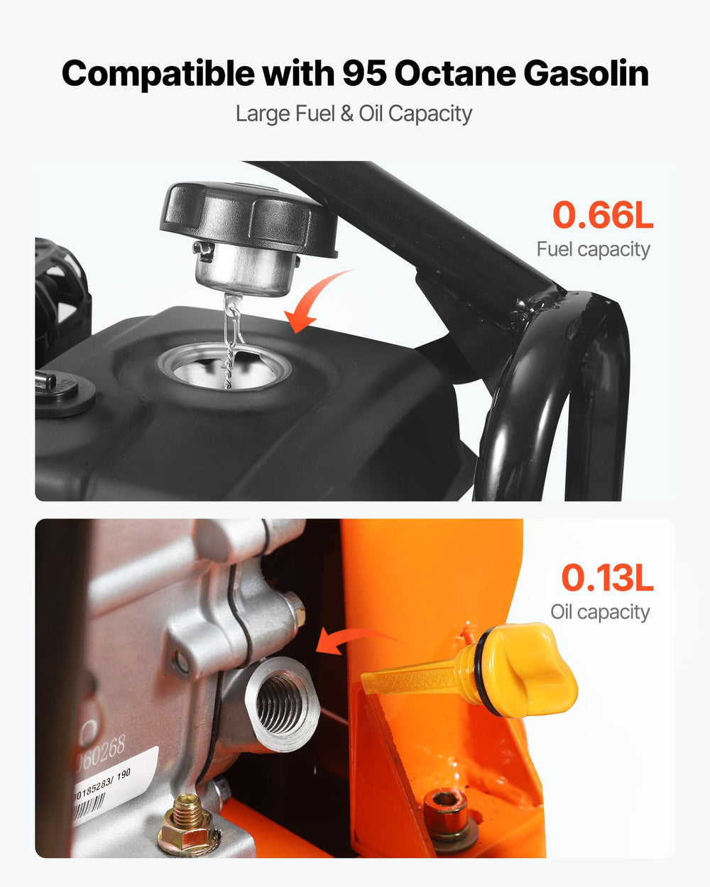 VEVOR Plate Compactor - fuel and oil capacity graphic (compatible with 95 octane gasoline)