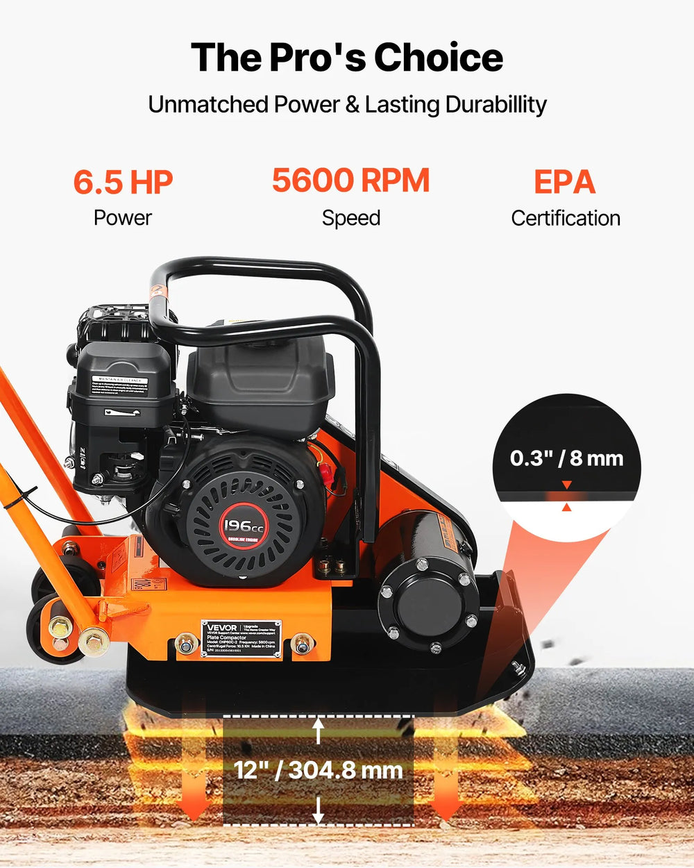 VEVOR plate compactor - pro choice graphic, 6.5 HP, 5600 RPM, EPA certification