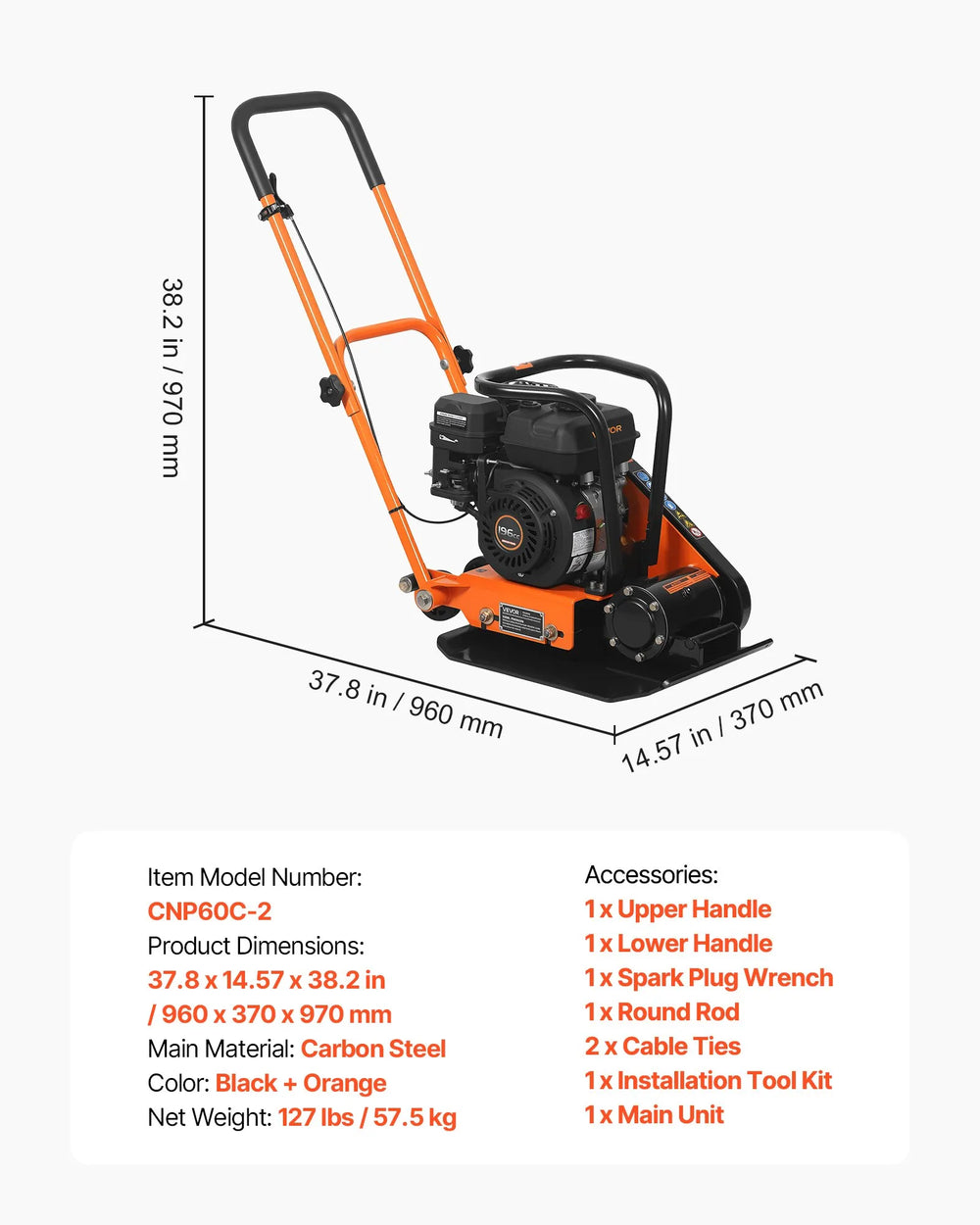 VEVOR plate compactor dimensions and accessories list graphic