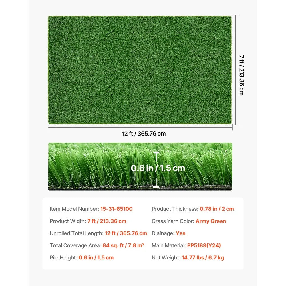 VEVOR Artificial Grass, 12 x 7 ft Fake Grass Turf Rug, 0.6 in Pile Height Realistic Synthetic Lawn Carpet Roll Mat, Easy Clean Drainage Holes for Patio, Garden, Balcony, Outdoor Indoor Decor, Green