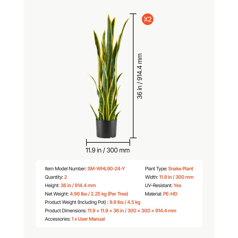VEVOR Artificial Snake Plant, 3FT 2 PCS in Fake Snake Plants with White Pot, for Home, Garden, Office, Porch, Indoor & Outdoor Decor, Realistic Texture Faux Sansevieria, Premium HDPE, Sun-Resistant