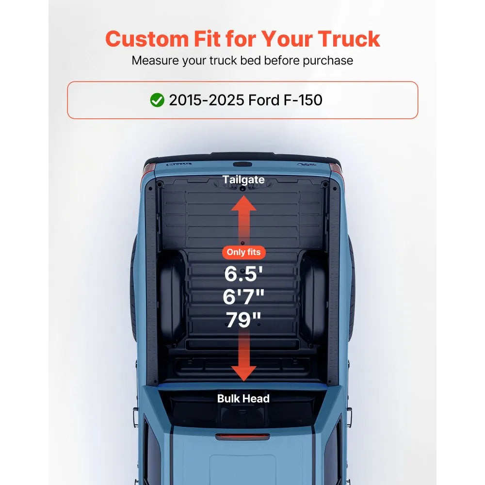 VEVOR Soft Roll-Up Truck Bed Tonneau Cover, Compatible with 2015-2025 Ford F150 Styleside/Fleetside (Not Fit Flareside/Stepside), Fit 6.5 ft (6 ft 7 in/79 in) Bed, PVC Tonneau Cover with Aluminum Bars