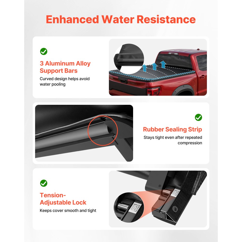VEVOR Soft Roll-Up Truck Bed Tonneau Cover, Compatible with 2017-2025 Honda Ridgeline, Fits 5 ft (5 ft 4 in/64 in) Bed, Triple-Layer Heavy-Duty PVC Tonneau Cover with Three Aluminum Alloy Support Bars