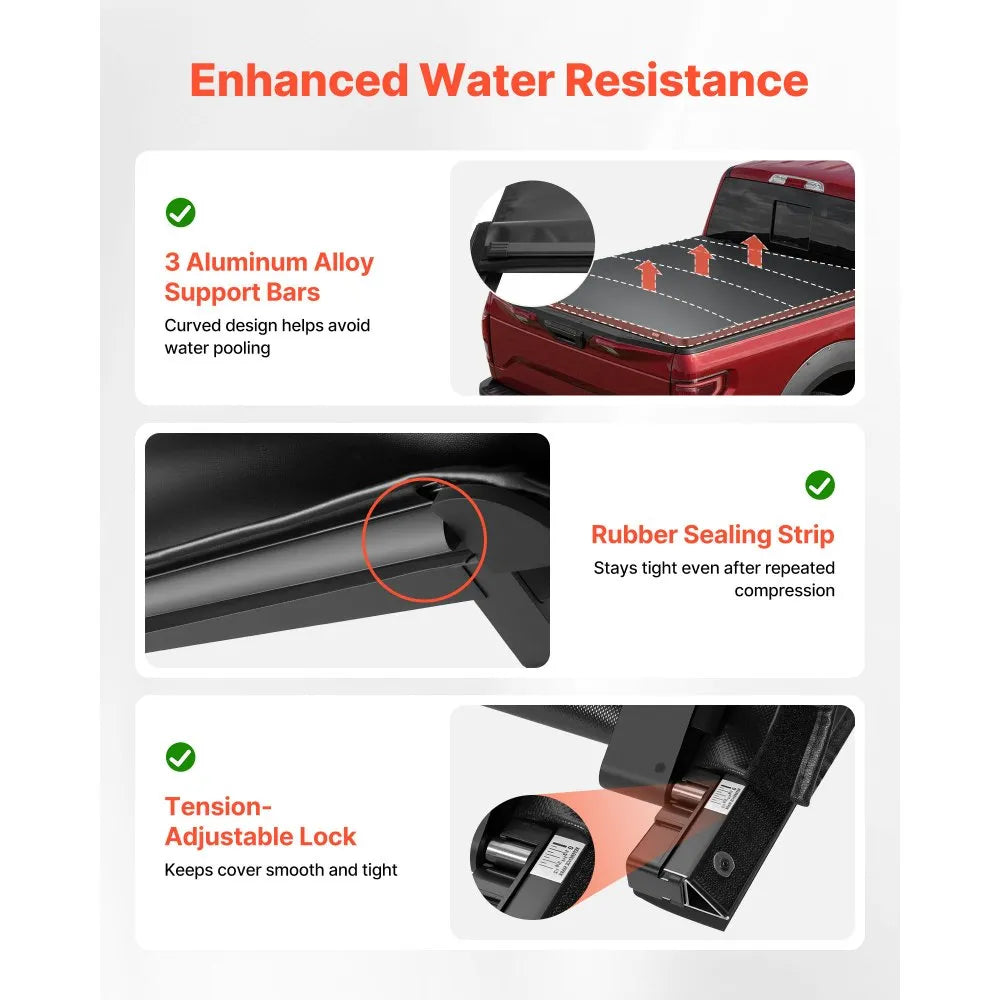 VEVOR Soft Roll-Up Truck Bed Tonneau Cover, Compatible with 2017-2025 Ford F-250/350/450 Super Duty, Fits 6.8 ft (6 ft 10 in/82 in) Bed, Triple-Layer PVC Tonneau Cover with Three Aluminum Alloy Bars