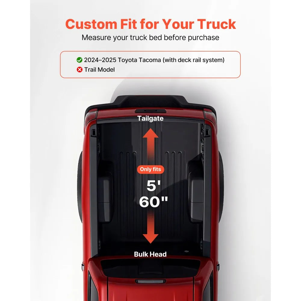 VEVOR Soft Roll-Up Truck Bed Tonneau Cover, Compatible with 2024-2025 Toyota Tacoma (Excl. Trail Edition) with Deck Rail System, Fits 5 ft (60 in) Bed, PVC Tonneau Cover with Three Aluminum Alloy Bars
