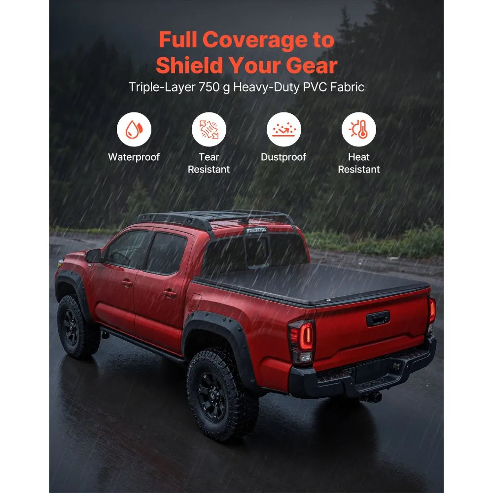 VEVOR Soft Roll-Up Truck Bed Tonneau Cover, Compatible with 2024-2025 Toyota Tacoma (Excl. Trail Edition) with Deck Rail System, Fits 5 ft (60 in) Bed, PVC Tonneau Cover with Three Aluminum Alloy Bars