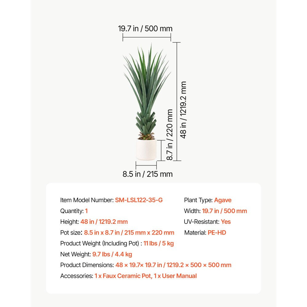 VEVOR Artificial Agave, 48 in Tall Fake Agave Plant with White Pot 1 Pack, Sun-Resistant for Home, Garden, Office, Store, Living Room, Porch, Indoor & Outdoor Decor, Realistic Texture Faux Decor Plant