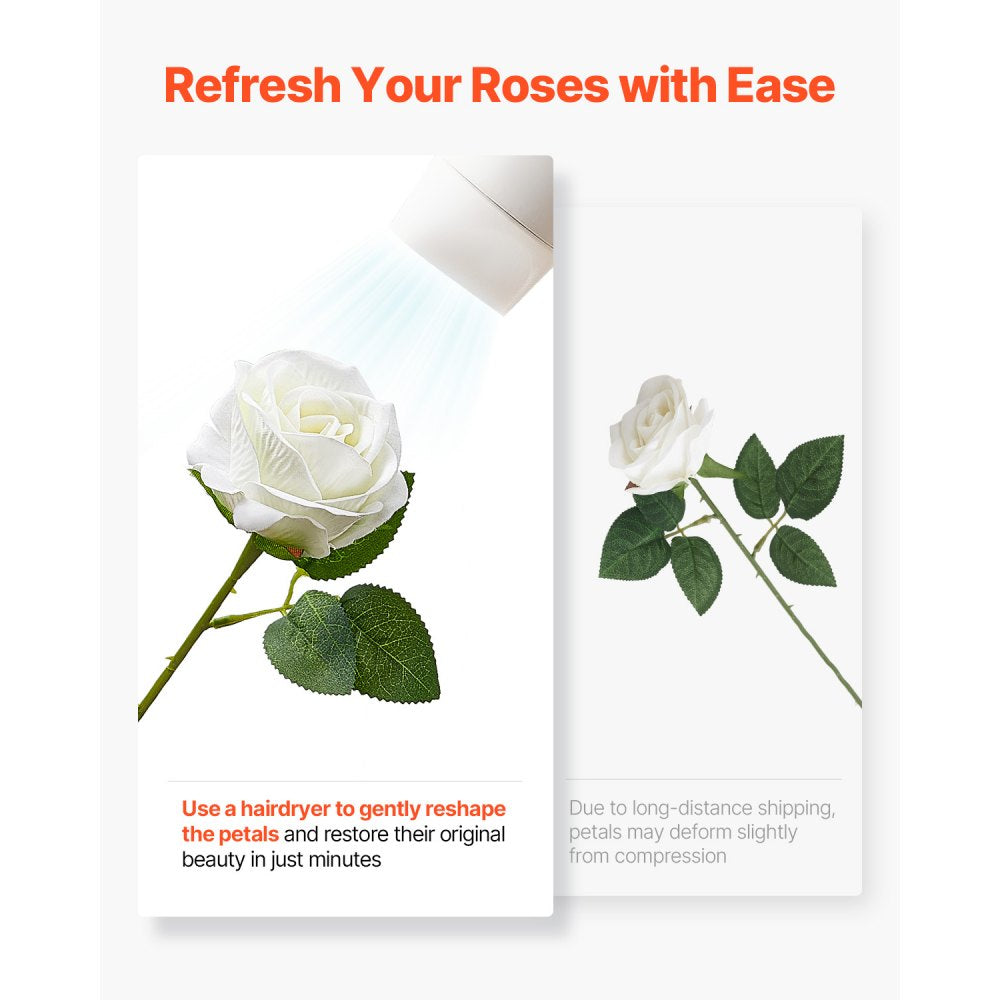 VEVOR Artificial Flowers, 120 pcs Real Looking White Foam Fake Roses Bulk, White Faux Bridal Shower with Stems for DIY Wedding Bouquets, Home Centerpieces Arrangements, Party Tables Decorations