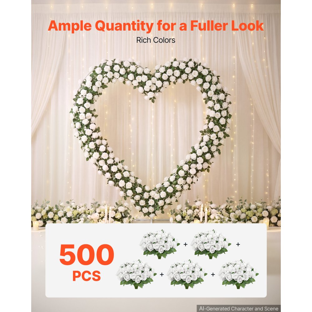 VEVOR Artificial Flowers Bulk White Roses 500 PCS Silk Faux Flowers Stems, for Vase, Table Centerpieces, Weddings, Parties, Bouquets, Home Decor and DIY Floral Arrangements, Realistic Fake Flower