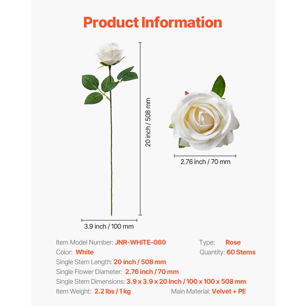 VEVOR Artificial Flowers, 60 pcs Real Looking White Foam Fake Roses Bulk, White Faux Bridal Shower with Stems for DIY Wedding Bouquets, Home Centerpieces Arrangements, Party Tables Decorations