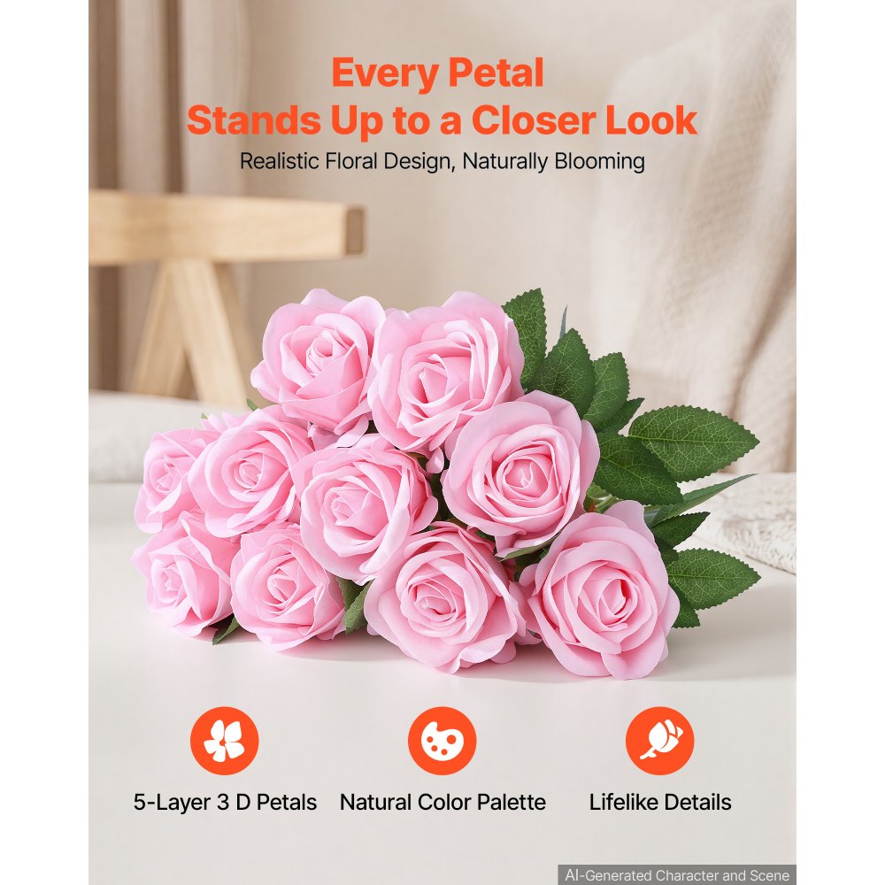 VEVOR Artificial Flowers Bulk Pink Roses 60 PCS Silk Faux Flowers Stems, for Vase, Table Centerpieces, Weddings, Parties, Bouquets, Home Decor and DIY Floral Arrangements, Realistic Fake Flower