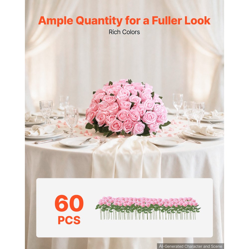 VEVOR Artificial Flowers Bulk Pink Roses 60 PCS Silk Faux Flowers Stems, for Vase, Table Centerpieces, Weddings, Parties, Bouquets, Home Decor and DIY Floral Arrangements, Realistic Fake Flower