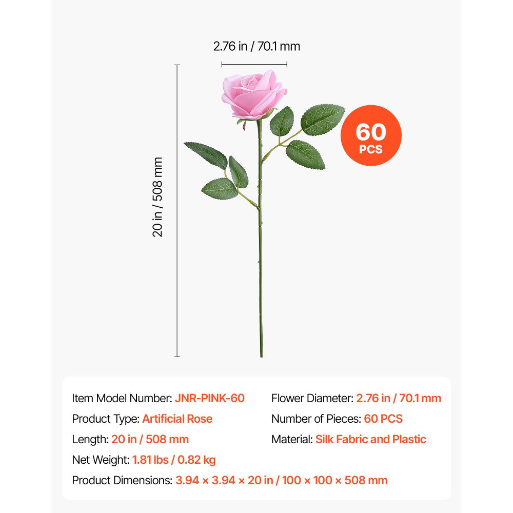 VEVOR Artificial Flowers Bulk Pink Roses 60 PCS Silk Faux Flowers Stems, for Vase, Table Centerpieces, Weddings, Parties, Bouquets, Home Decor and DIY Floral Arrangements, Realistic Fake Flower