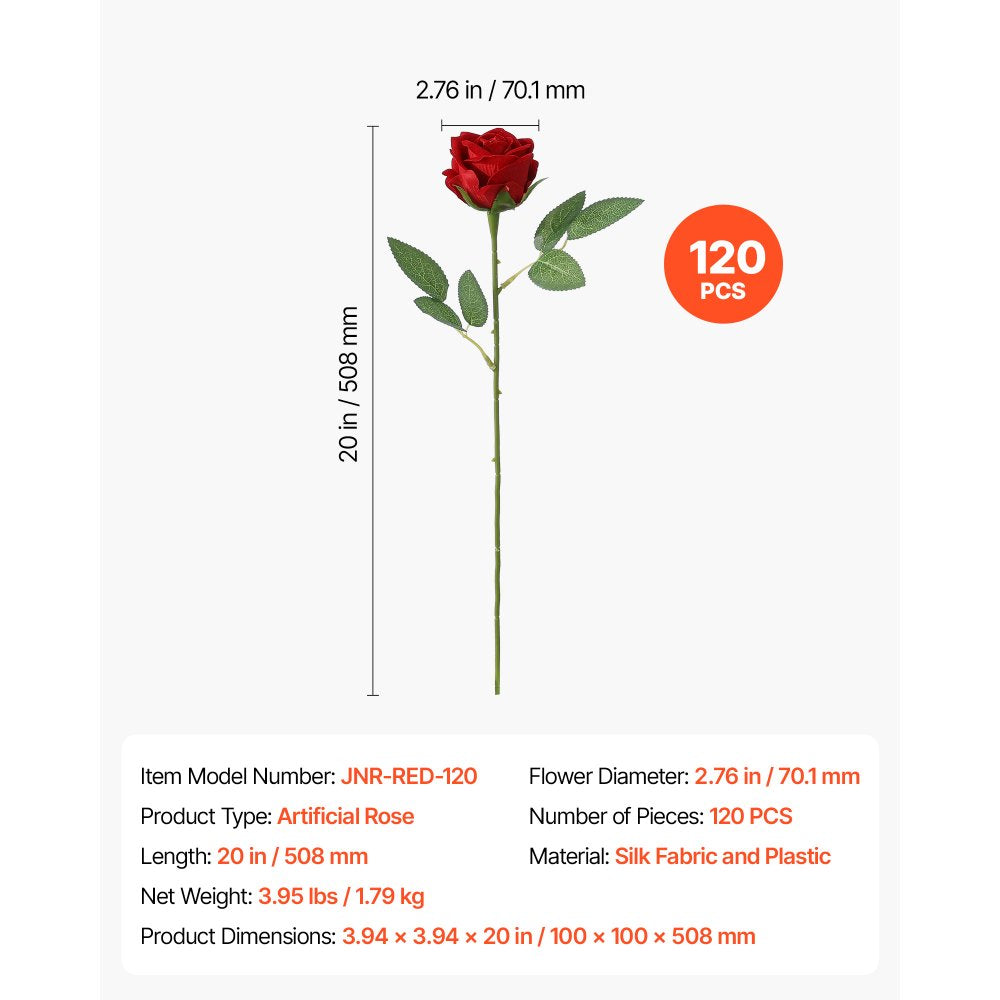 VEVOR Artificial Flowers Bulk Red Roses 120 PCS Silk Faux Flowers Stems, Realistic Fake Flower for Vase, Table Centerpieces, Weddings, Parties, Bouquets, Home Decor and DIY Floral Arrangements