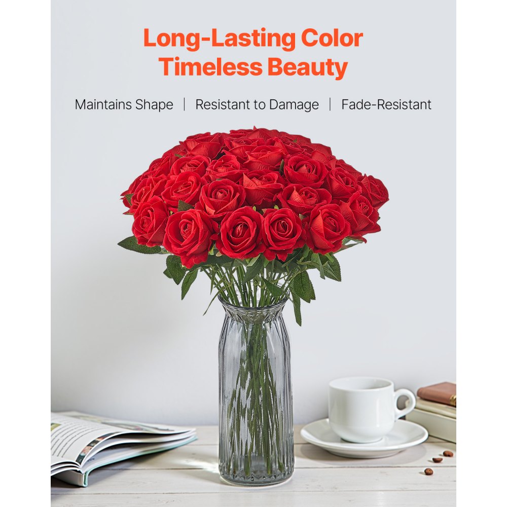 VEVOR Artificial Flowers, 500 pcs Real Looking Red Foam Fake Roses Bulk, Faux Red Bridal Shower with Stems for DIY Wedding Bouquets, Home Centerpieces Arrangements, Party Tables Decorations