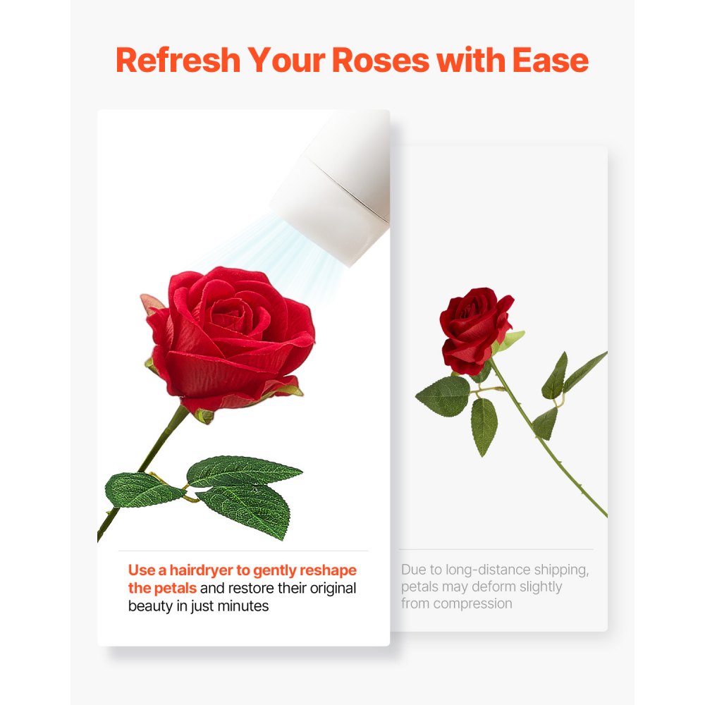 VEVOR Artificial Flowers, 500 pcs Real Looking Red Foam Fake Roses Bulk, Faux Red Bridal Shower with Stems for DIY Wedding Bouquets, Home Centerpieces Arrangements, Party Tables Decorations