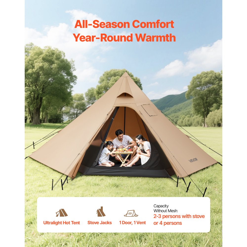 VEVOR Hot Tent for 4 Persons, Camping Tipi Hot Tents with Stove Jack & Inner Tent, Portable Winter Camping Tents with Snow Skirt, Easy Setup, Waterproof 4 Season Shelter Tents for Fishing Backpacking