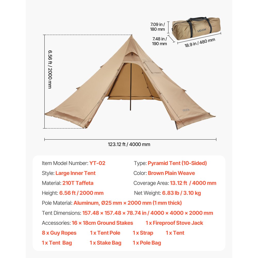VEVOR Hot Tent for 4 Persons, Portable Winter Tipi Tent with Stove Jack, Waterproof Camping Tents,  Lightweight 4 Season Shelter Tents for Hiking Fishing Backpacking, M Size