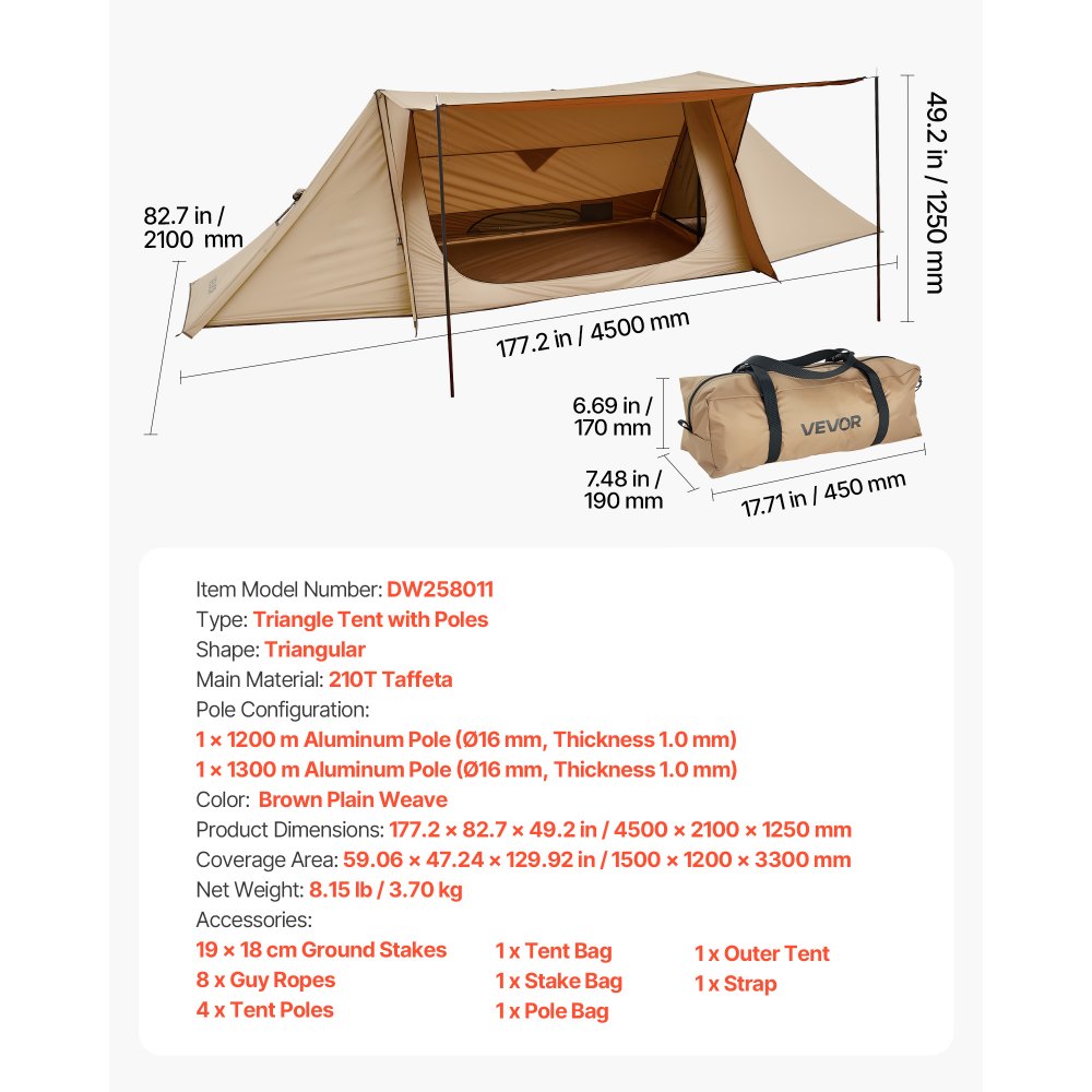 VEVOR Camping Hot Tent, Lightweight Bushcraft Tent with Stove Jack & 2 Tarp Poles, Waterproof Winter Hot Tents Shelters, Portable 4 Season Tents for 2 Persons Hiking Fishing Hunting Backpacking