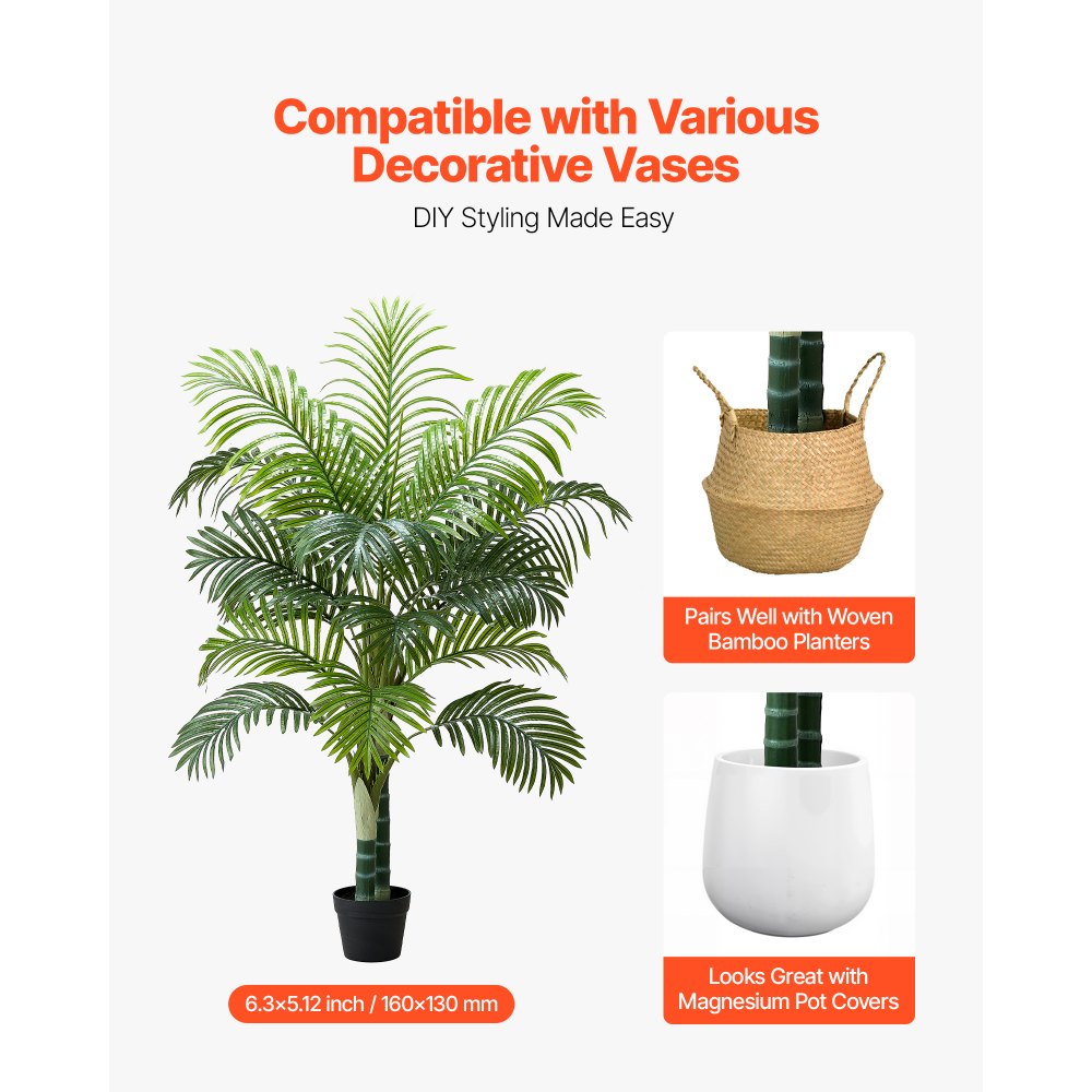VEVOR Artificial Areca Palm Tree 5 ft, Fake Palm Tropical Plants with White Tall Planter, Faux Floor Silk Plant in Pot, Large Trees for Home Office Living Room Decor House Warming, Indoor Outdoor