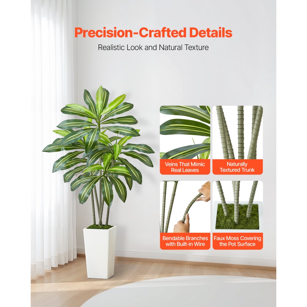 VEVOR Artificial Dracaena Tree 5 ft, Fake Palm Tropical Plants with White Tall Planter, Faux Floor Silk Plant in Pot, Large Trees for Home Office Living Room Decor House Warming, Indoor Outdoor
