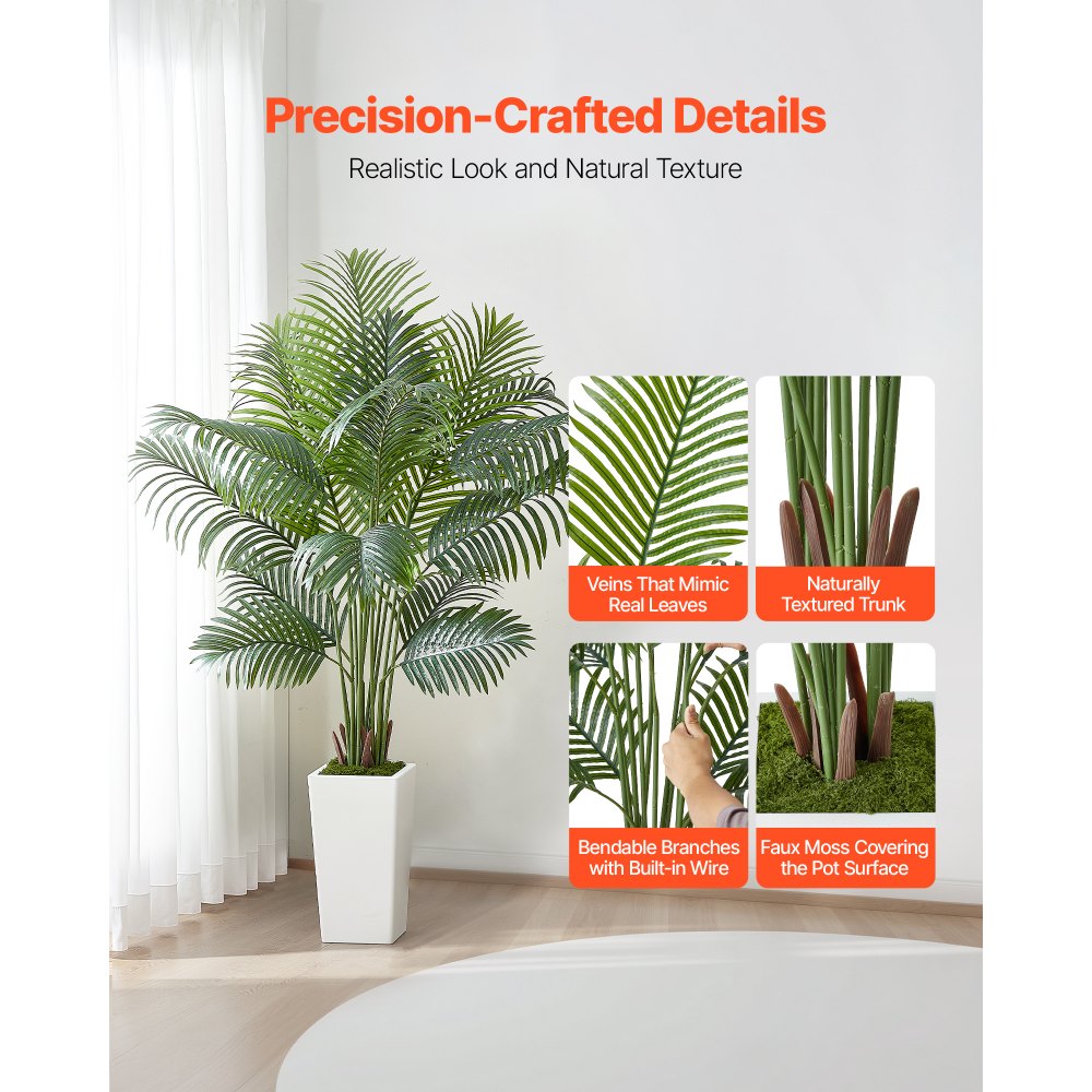VEVOR Artificial Areca Palm Tree 6 ft, Fake Palm Tropical Plants with White Tall Planter, Faux Floor Silk Plant in Pot, Large Trees for Home Office Living Room Decor House Warming, Indoor Outdoor