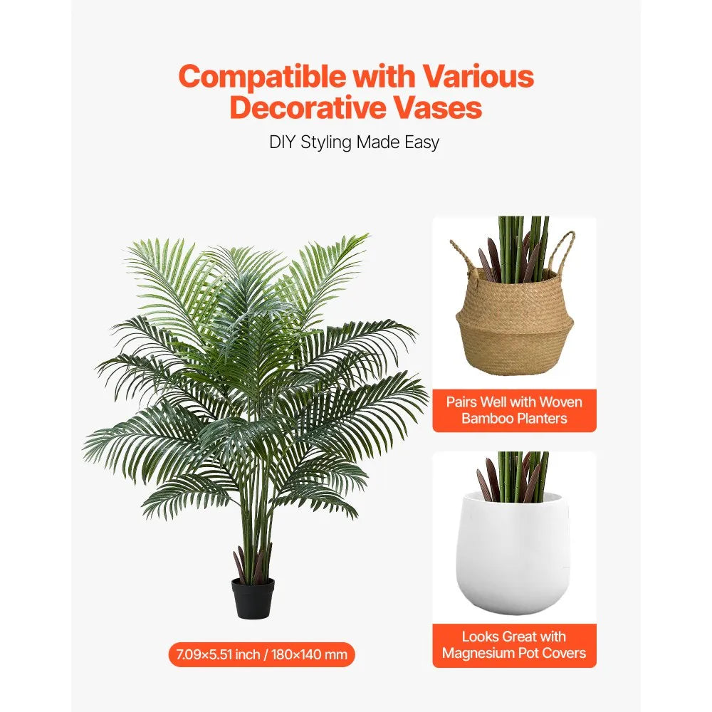 VEVOR Artificial Areca Palm Tree 6 ft, Fake Palm Tropical Plants with White Tall Planter, Faux Floor Silk Plant in Pot, Large Trees for Home Office Living Room Decor House Warming, Indoor Outdoor