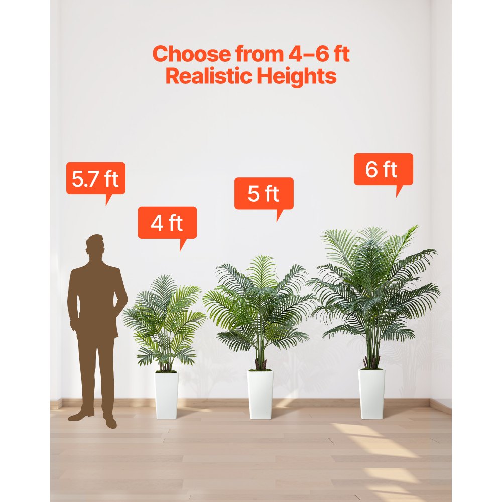 VEVOR Artificial Areca Palm Tree 6 ft, Fake Palm Tropical Plants with White Tall Planter, Faux Floor Silk Plant in Pot, Large Trees for Home Office Living Room Decor House Warming, Indoor Outdoor