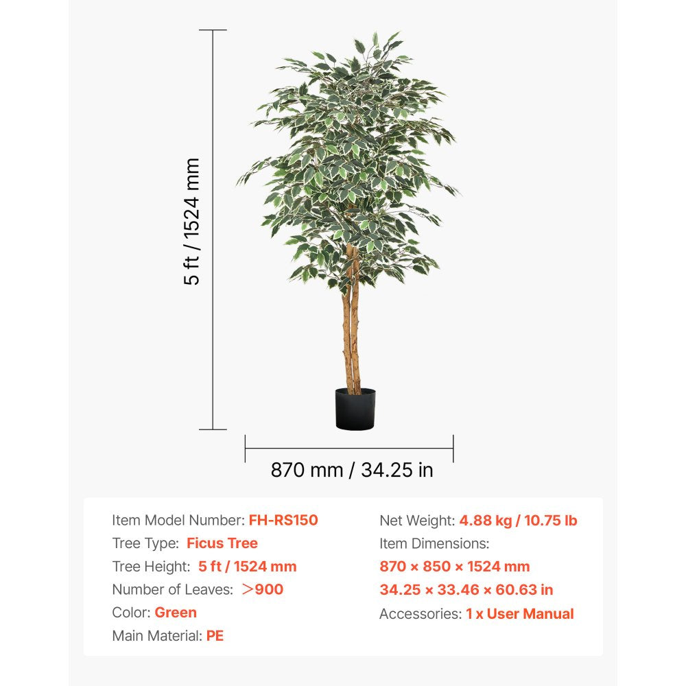 VEVOR 5FT Artificial Ficus Tree with Black Pot, Tall Faux Ficus Plant with Natural Wood Trunk and Realistic Green Leaves, Indoor Fake Silk Tree for Home, Office, Living Room, or Corner Décor