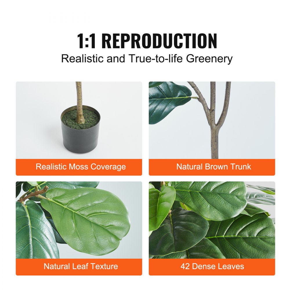 VEVOR Artificial Fiddle Leaf Fig Tree, 6 FT, Secure PE Material & Anti-Tip Tilt Protection Low-Maintenance Faux Plant, Lifelike Green Fake Potted Tree for Home Office Warehouse Decor Indoor Outdoor