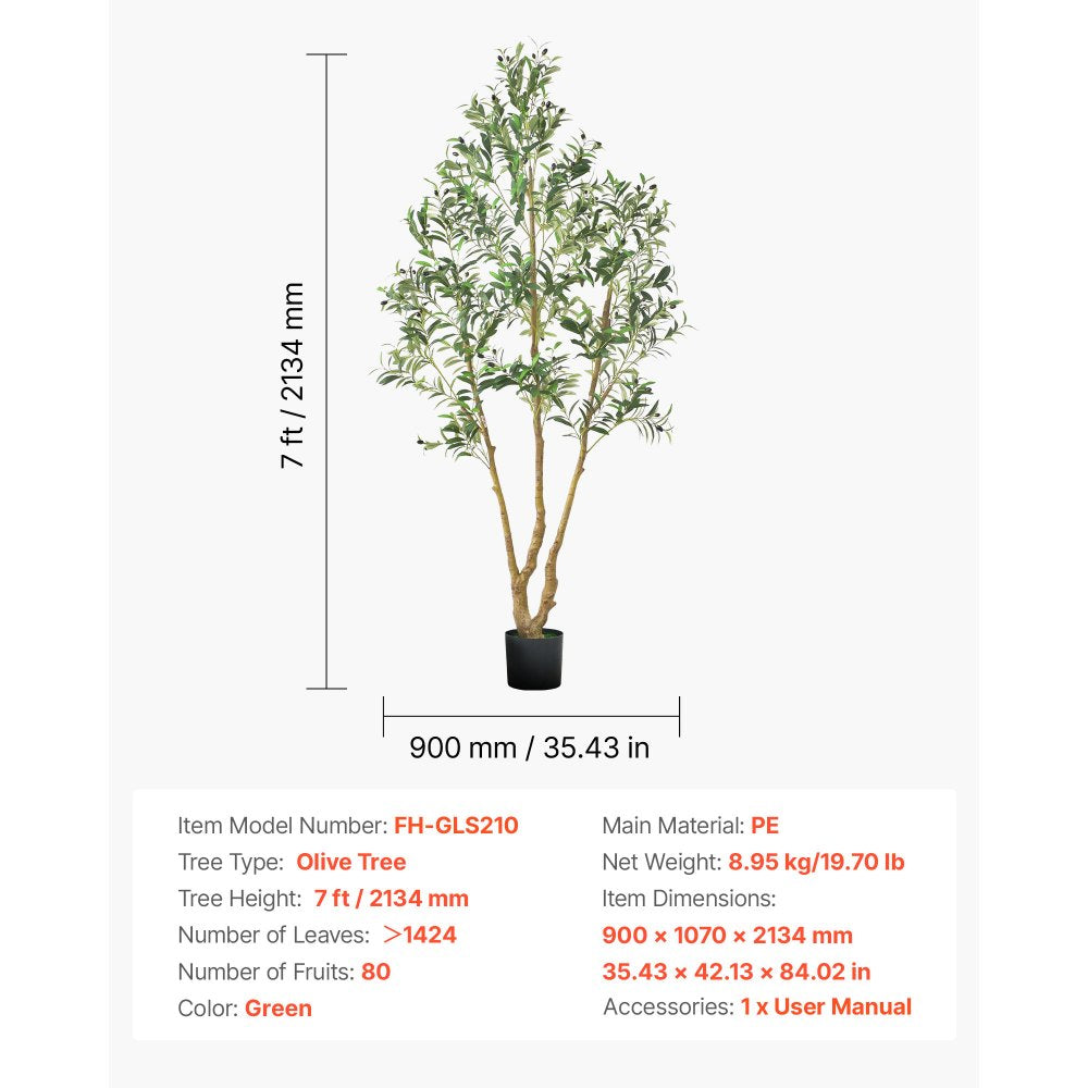 VEVOR 7FT Artificial Olive Tree with Black Pot, Tall Fake Tree with Natural Wood Trunk & Realistic Green Leaves and Fruits, Indoor Faux Plant for Home, Office, Living Room, Corner Decor