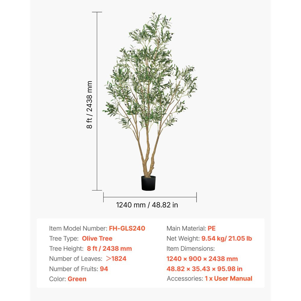 VEVOR 8FT Artificial Olive Tree with Black Pot, Tall Fake Tree with Natural Wood Trunk & Realistic Green Leaves and Fruits, Indoor Faux Plant for Home, Office, Living Room, Corner Decor