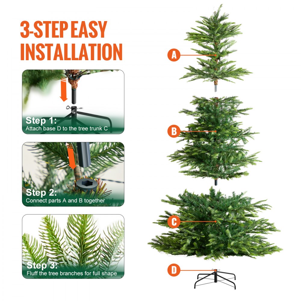 VEVOR Christmas Tree, 7.5ft Prelit Artificial Xmas Tree, Full Holiday Decor Tree with 700 Warm White LED Lights, 1319 Branch Tips, Metal Base for Home Party Office Decoration