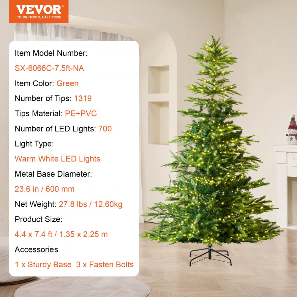 VEVOR Christmas Tree, 7.5ft Prelit Artificial Xmas Tree, Full Holiday Decor Tree with 700 Warm White LED Lights, 1319 Branch Tips, Metal Base for Home Party Office Decoration
