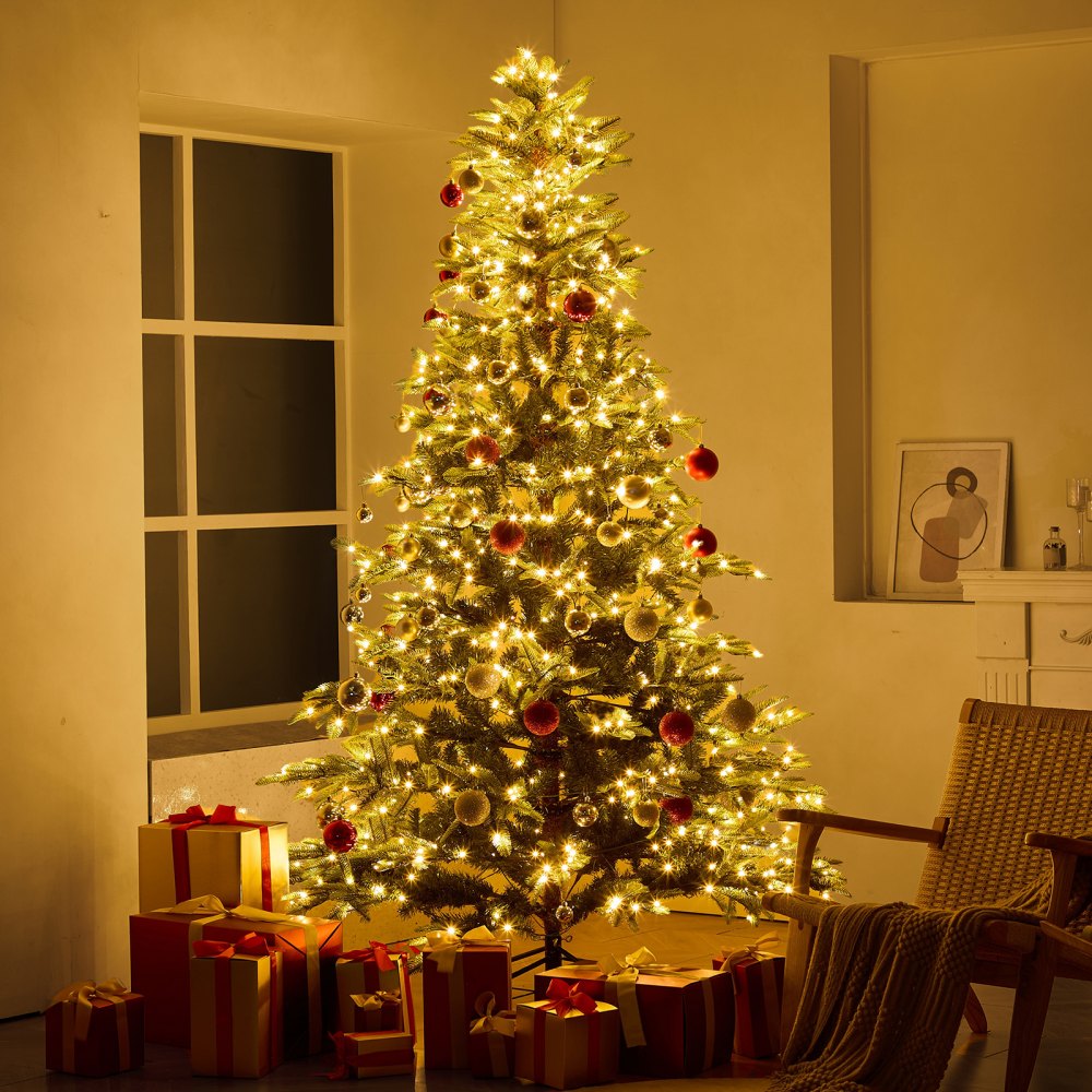 VEVOR Christmas Tree, 7.5ft Prelit Artificial Xmas Tree, Full Holiday Decor Tree with 700 Warm White LED Lights, 1319 Branch Tips, Metal Base for Home Party Office Decoration