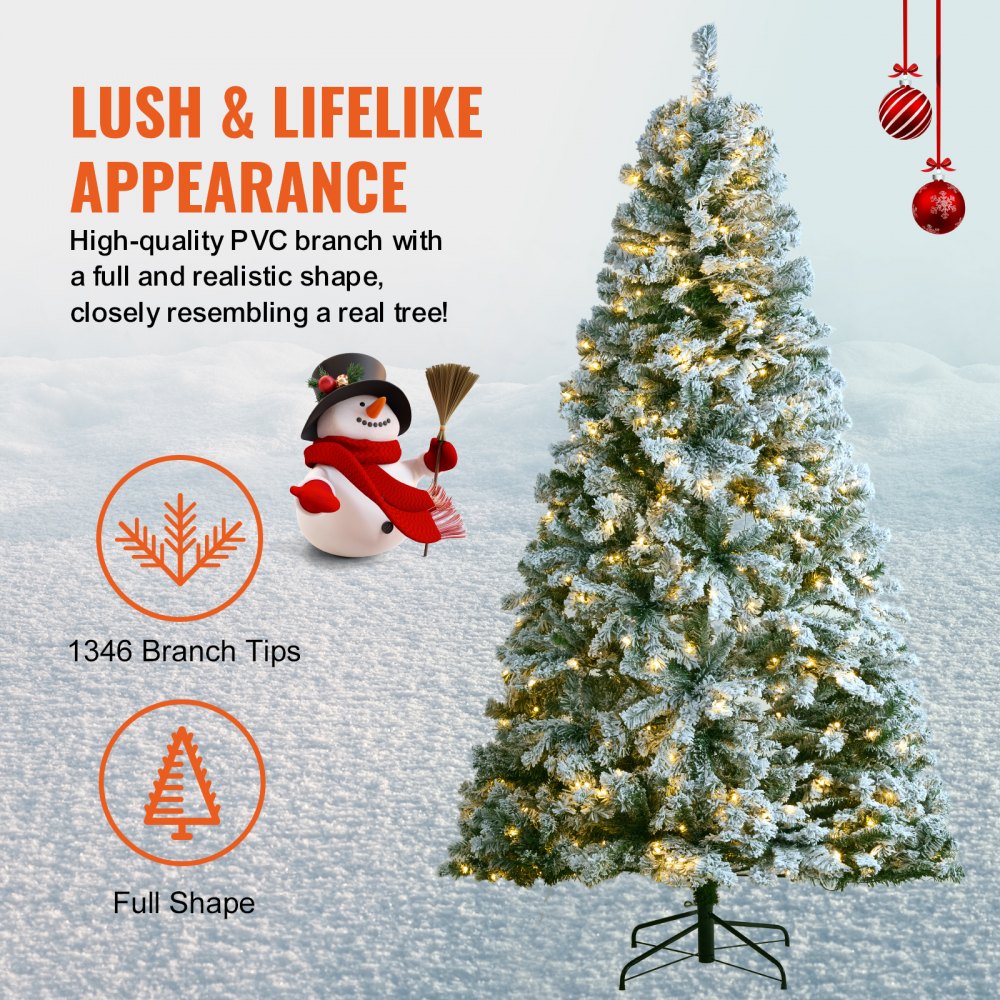 VEVOR Christmas Tree, 7.5ft Prelit Flocked Artificial Tree, Full Holiday Xmas Tree with 550 White LED Lights, 1346 Branch Tips, Metal Base for Home Party Office Decoration