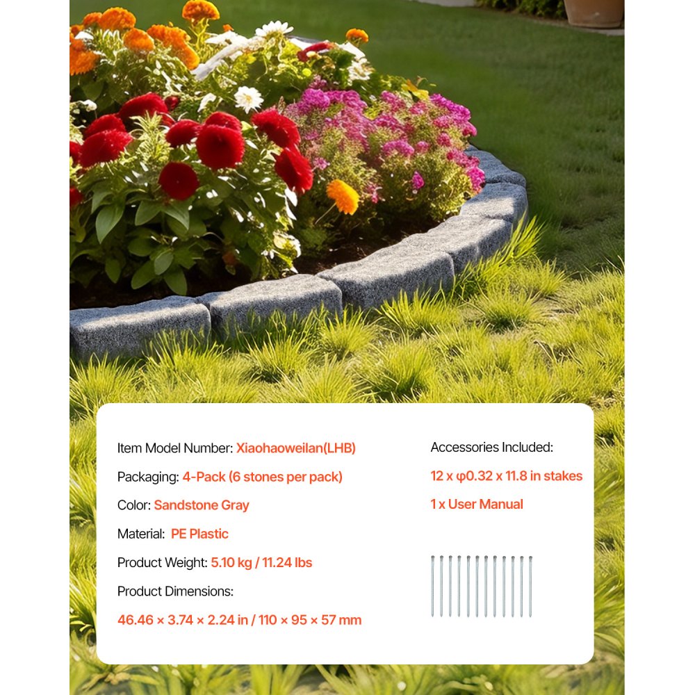 VEVOR Faux Stone Landscape Edging, 46.4 x 2.2 in Realistic Lawn Edging, Flexible Brick-Sized Garden Edging Border with Anchoring Spikes, Fade-Resistant Yard Edging for Driveways Walkway Grey