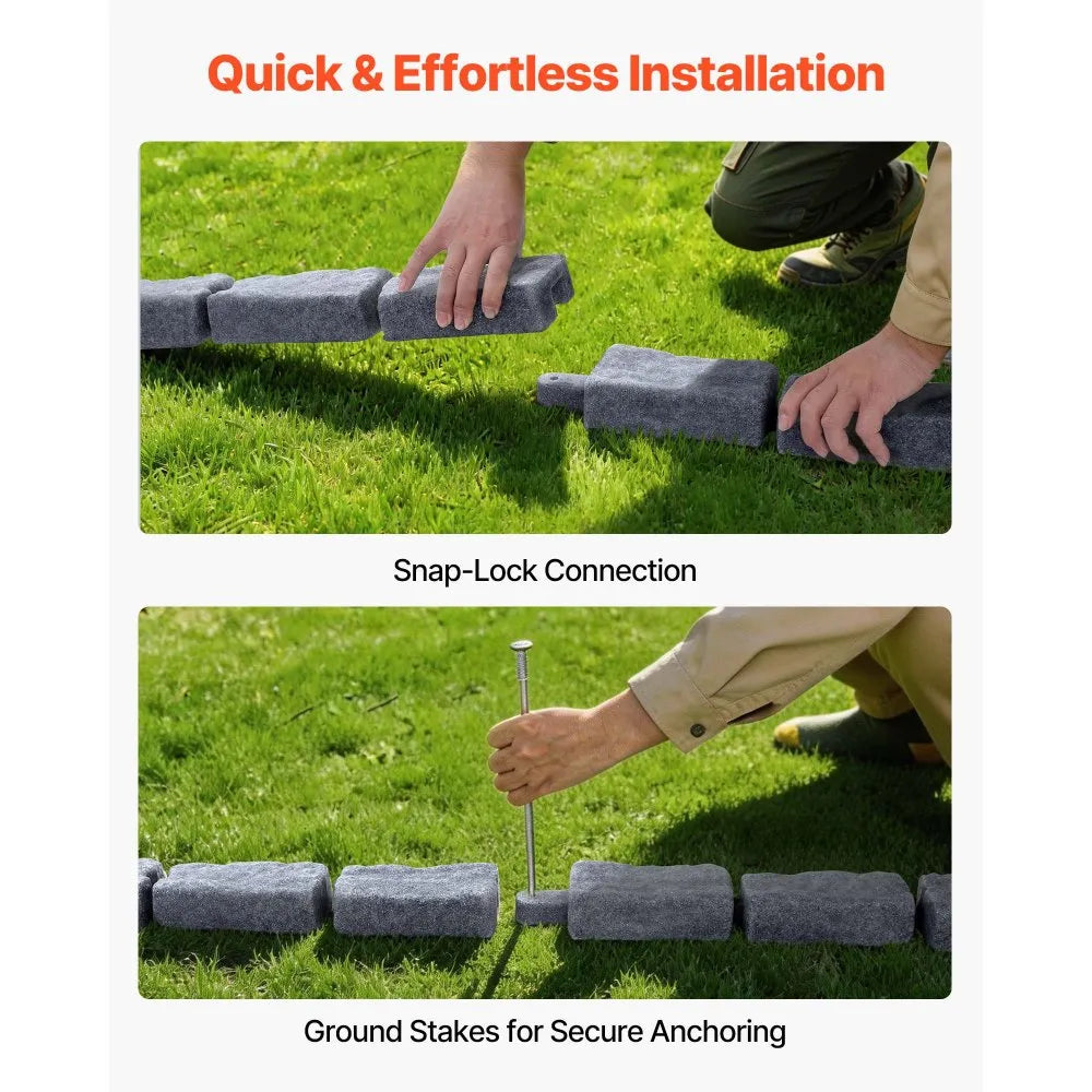 VEVOR Faux Stone Landscape Edging, 15.5 ft Kit, No Dig Garden Edging Border, Blocks for Lawn, Flower Beds, Yards, 4 Pack Each Section Has 6 Bricks 46.46"L x 3.74"W x 2.24"H, 12 Spikes & End Cap, Gray