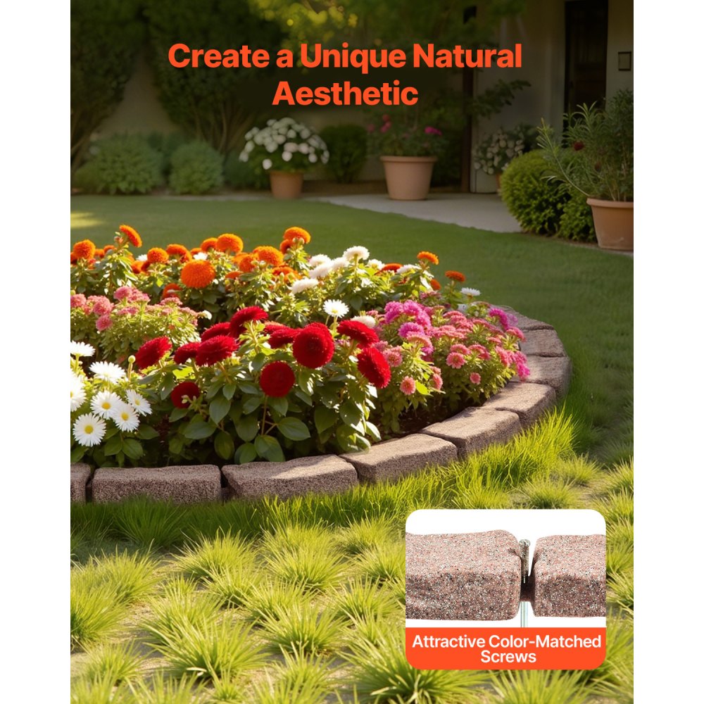 VEVOR Faux Stone Landscape Edging, 46.4 x 2.2 in Realistic Lawn Edging, Flexible Brick-Sized Garden Edging Border with Anchoring Spikes, Fade-Resistant Yard Edging for Driveways Walkway Brown