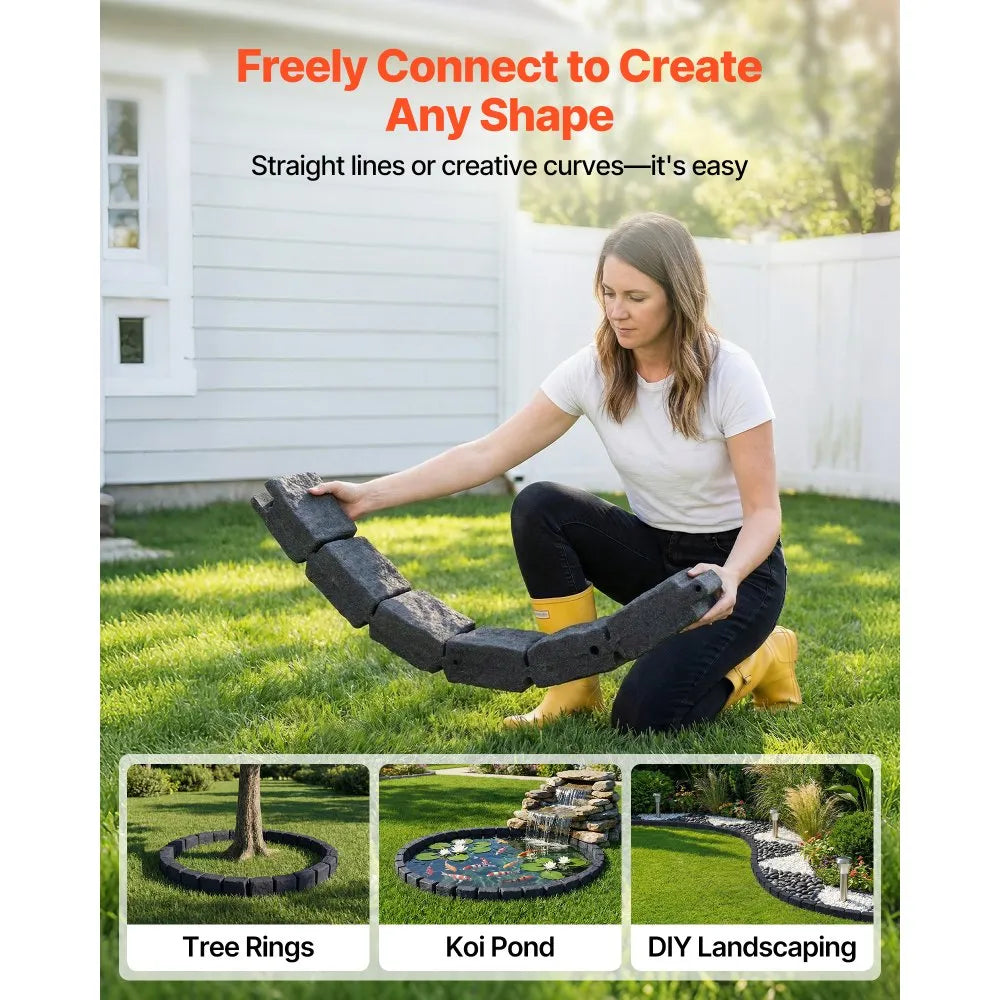 VEVOR Faux Stone Landscape Edging, 46.85" Kit, No Dig Garden Edging Border, Blocks for Lawn, Flower Beds, Yards, 1 Pack Each Section Has 6 Bricks 46.85"L x 3.94"W x 6.1"H, 3 Spikes, Charcoal Black