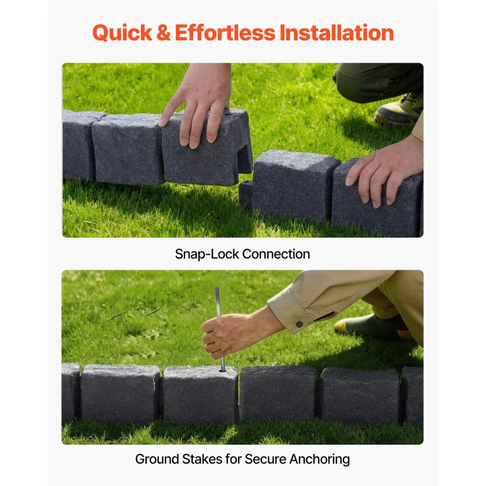 VEVOR Faux Stone Landscape Edging, 46.85" Kit, No Dig Garden Edging Border, Blocks for Lawn, Flower Beds, Yards, 1 Pack Each Section Has 6 Bricks 46.85"L x 3.94"W x 6.1"H, 3 Spikes, Charcoal Black