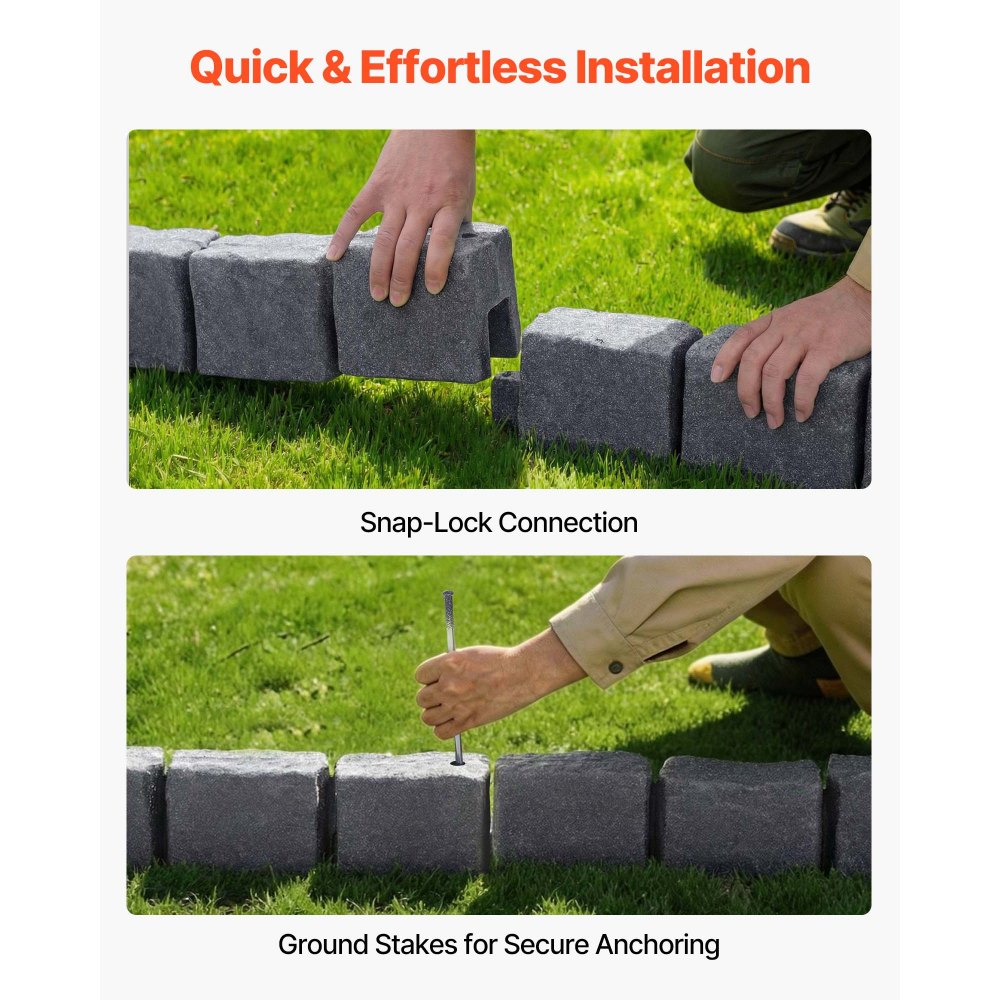 VEVOR Faux Stone Landscape Edging, 15.5 ft Kit, No Dig Garden Edging Border, Blocks for Lawn, Flower Beds, Yards, 4 Pack Each Section Has 6 Bricks 46.85"L x 3.94"W x 6.1"H, 8 Spikes, Sandstone Gray